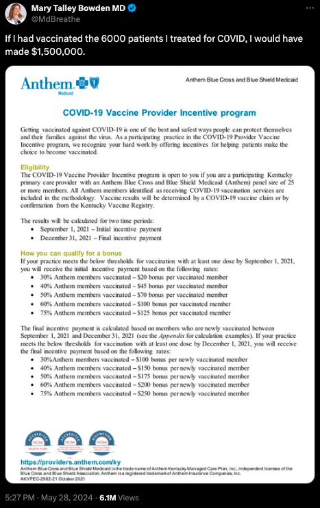 Mary Bowden MD screenshot on the covid-19 vaccine incentive program, saying that she would have made millions pushing the covid jab.