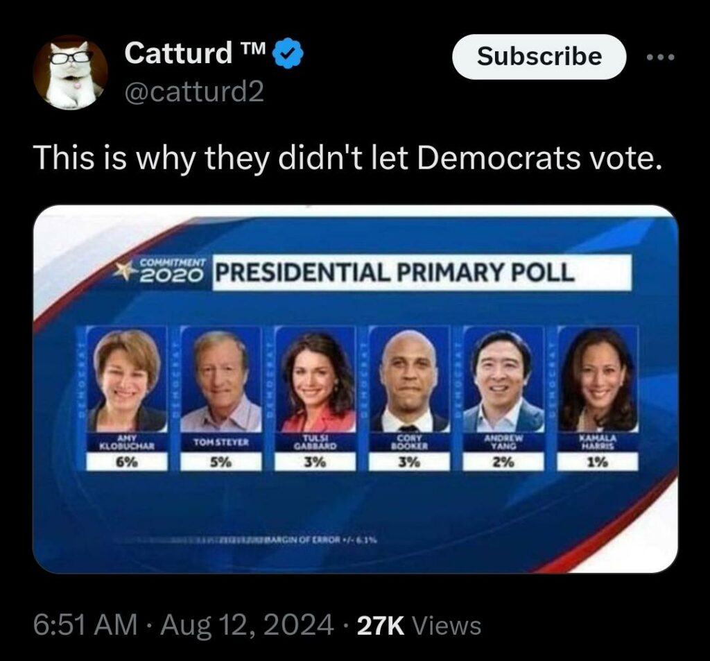 Democrat primary poll: Kamala last, but now the nominee - democratic democracy meme