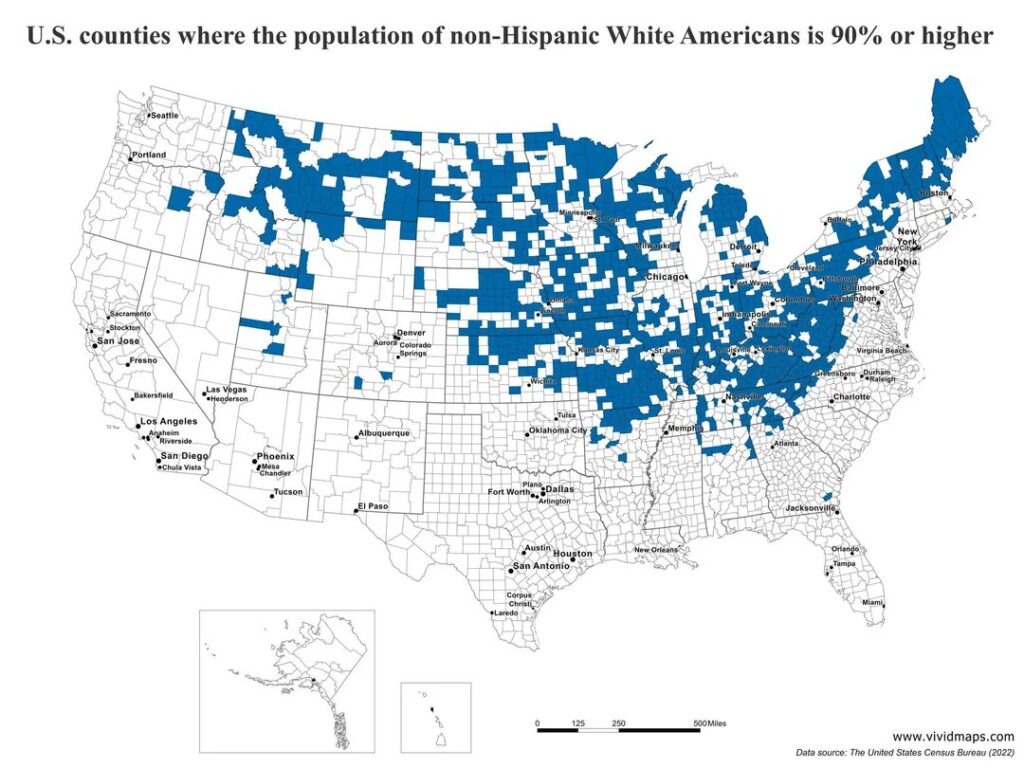 Map of 90%+ white counties using entire US county map.