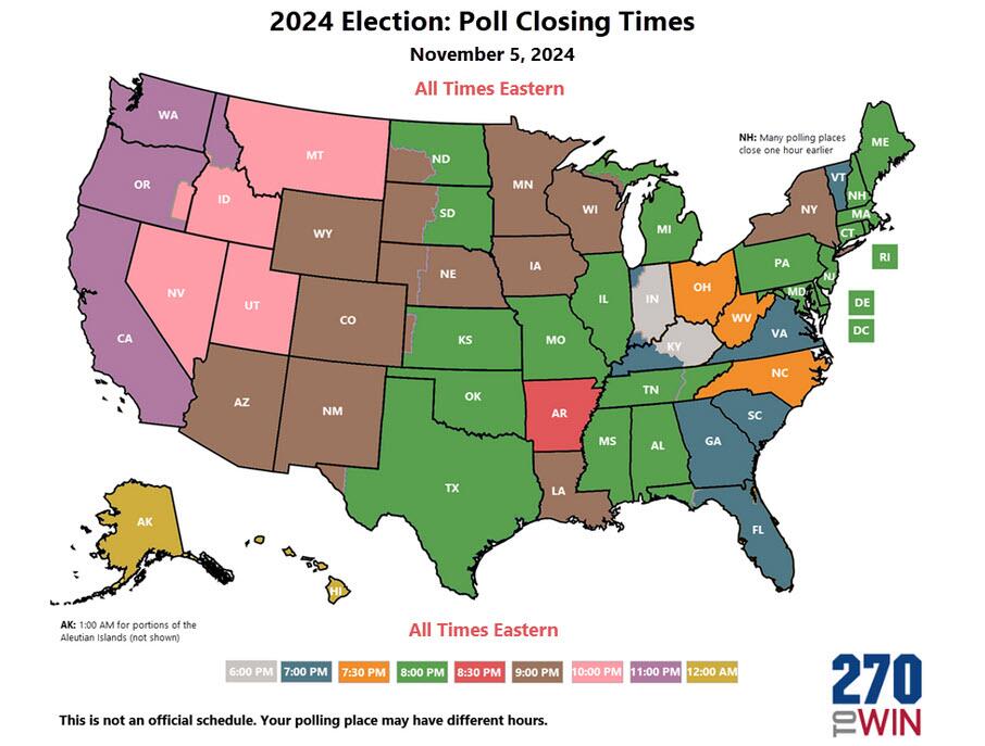 2024 election: poll closing times EST map