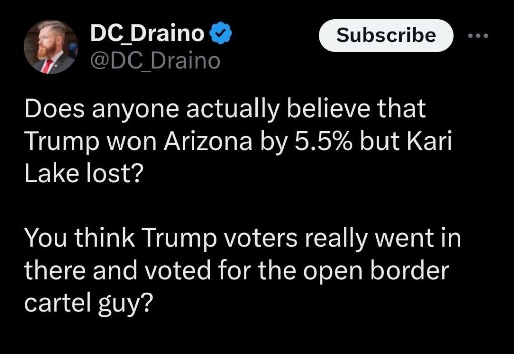 DC_Draino tweet snapshot "Does anyone actually believe that Trump won AZ by 5.5% but Kari Lake lost?"