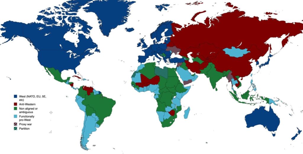 A Map Of Cold War 2.0 - showing the world broken down by West, anti-West, non-aligned, and others.